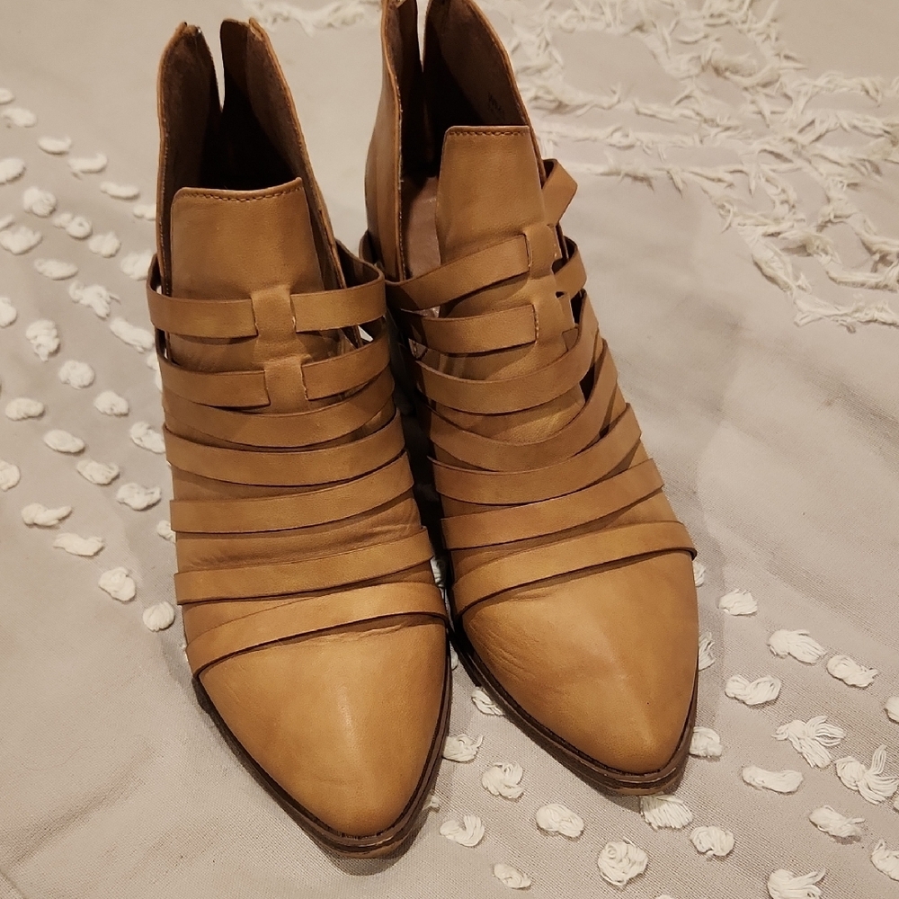 Tan Strappy Leather Ankle Boots - Size 8